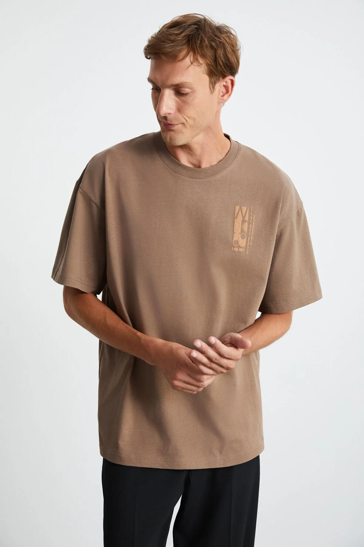 Antoni Men's Printing Detailed 100 %Organic Cotton Knitting Oversize Vizon T-shirt