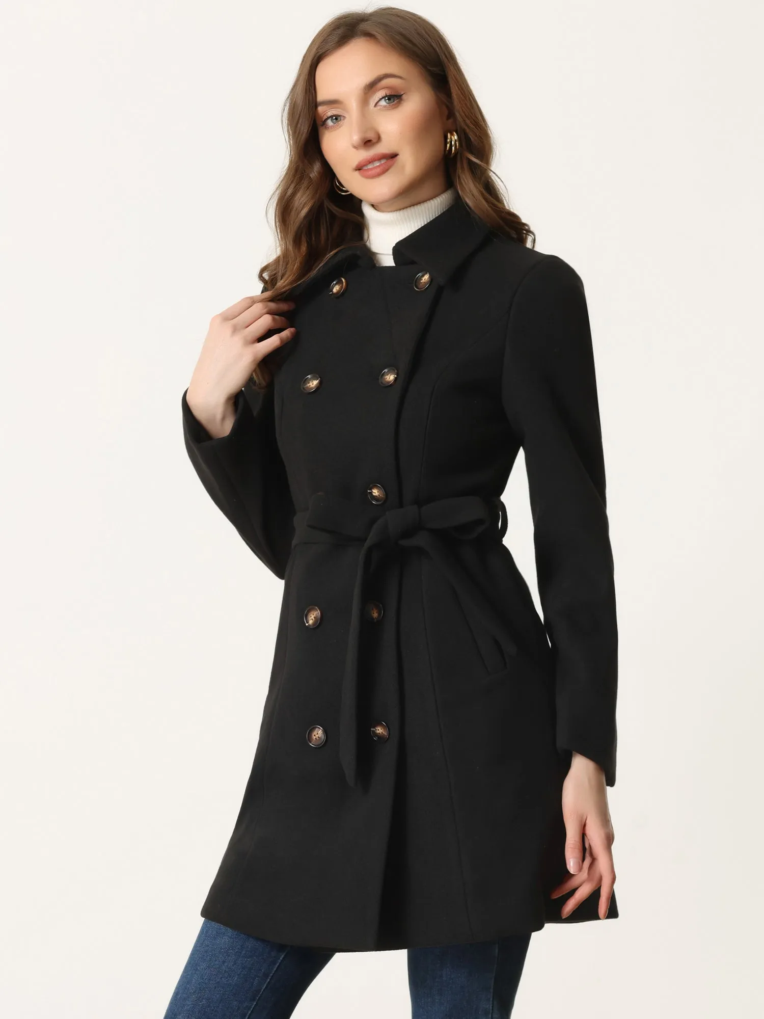 Lapel Double Breasted Slant Pocket Button Belted Pea Coats