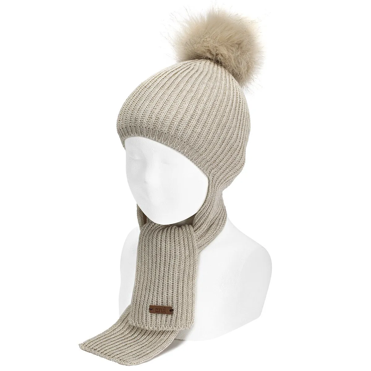 Linen Faux Fur Pom Pom Hat-Scarf