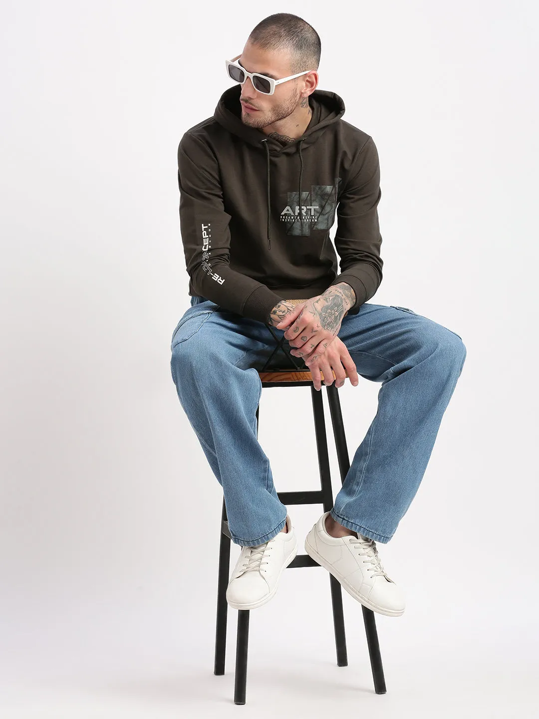 Men Green Graphic Hooded Pullover