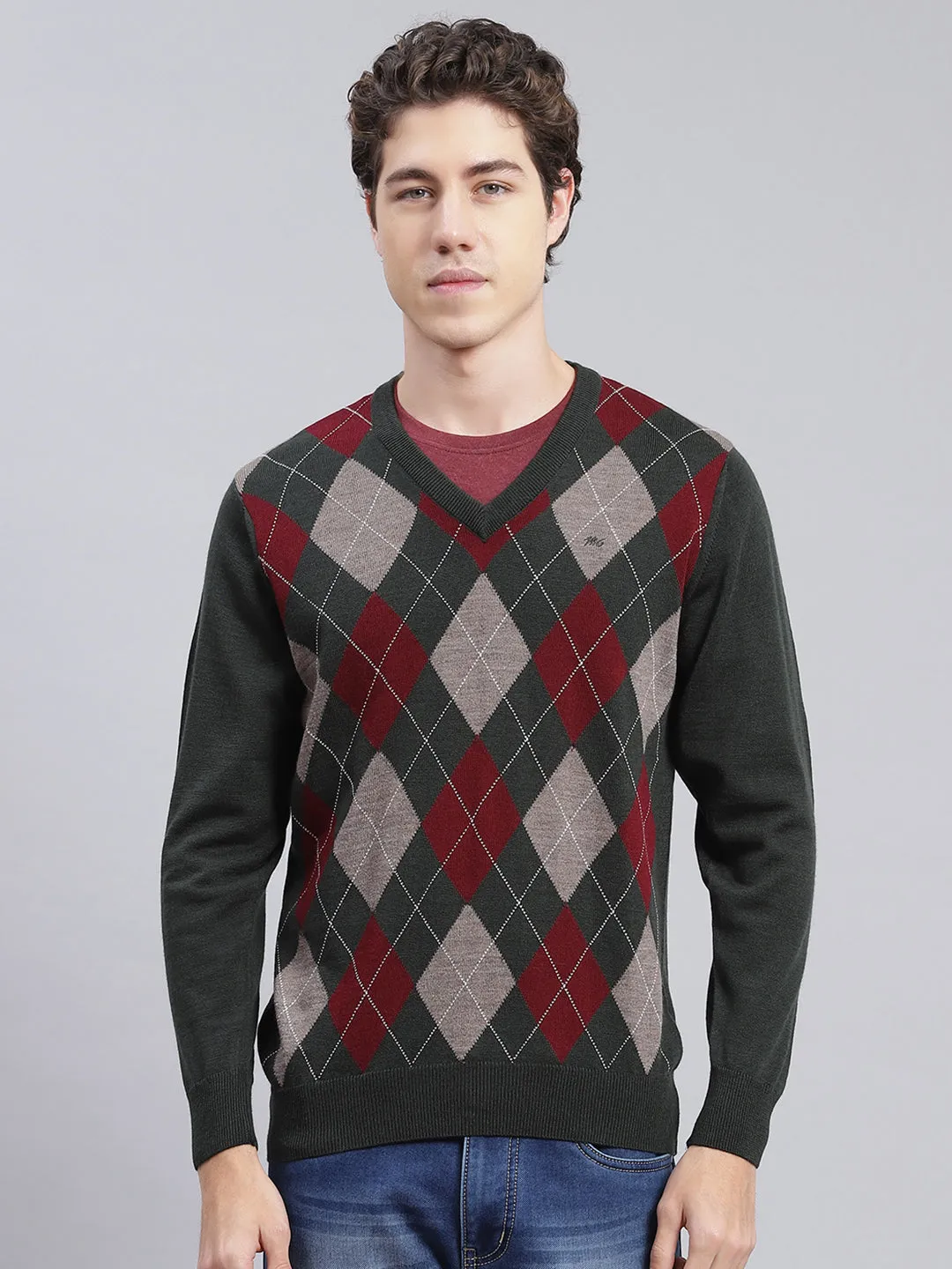Men Green Printed Wool blend Pullover