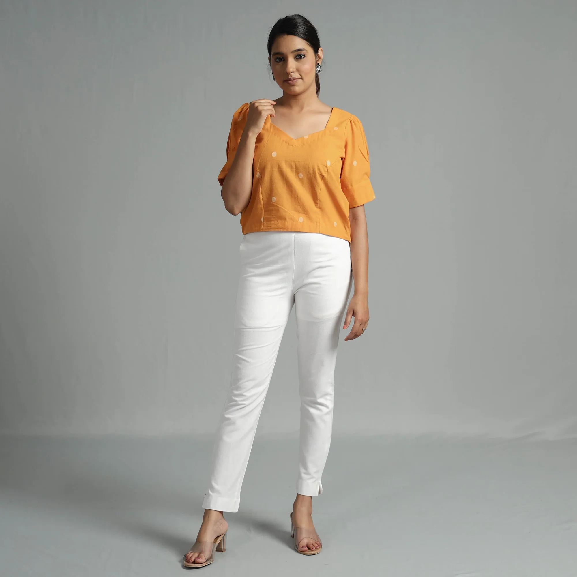 Orange Jacquard Half Sleeve Cotton Crop Top