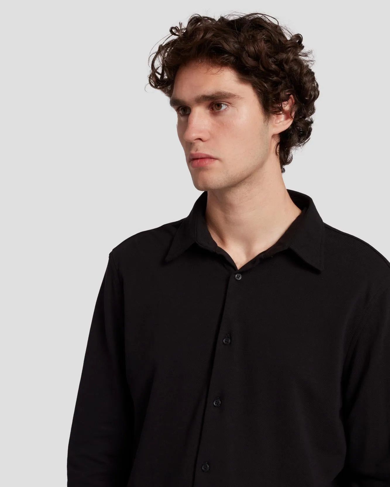 Pique Knit Button Down in Black