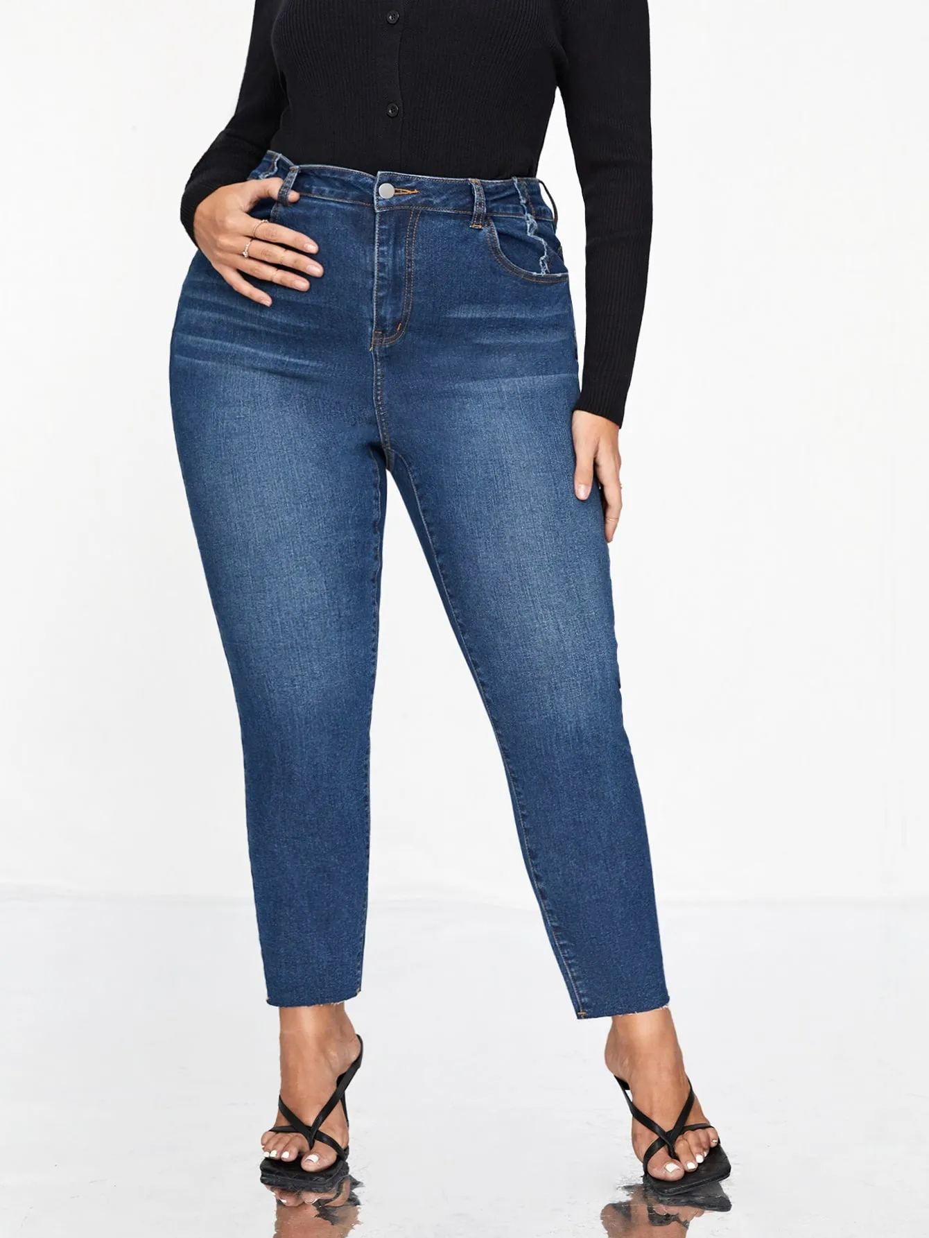 Plain Raw Hem Natural Long Plus Size Jeans