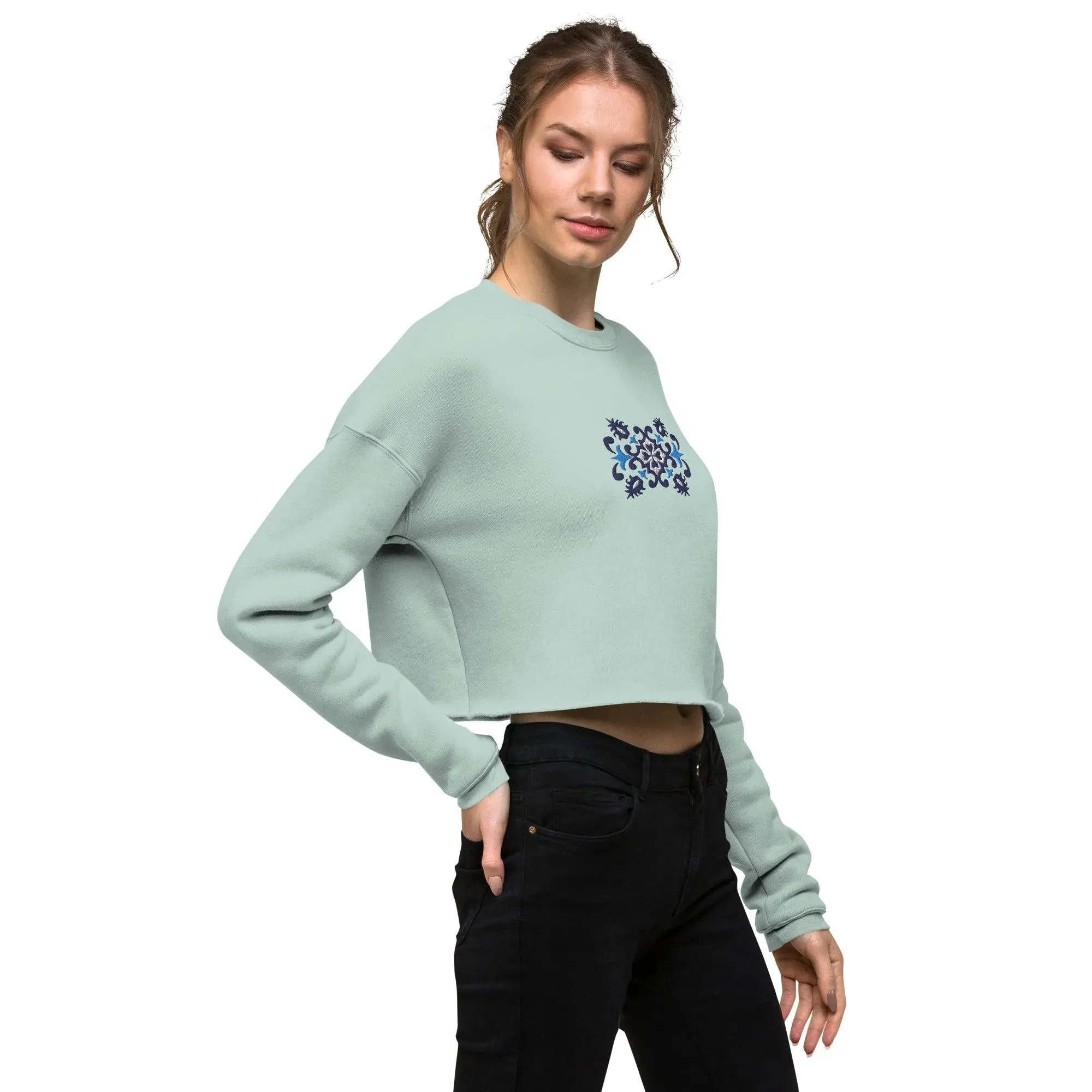 Portuguese Azulejo Tile Motif Cropped Sweatshirt