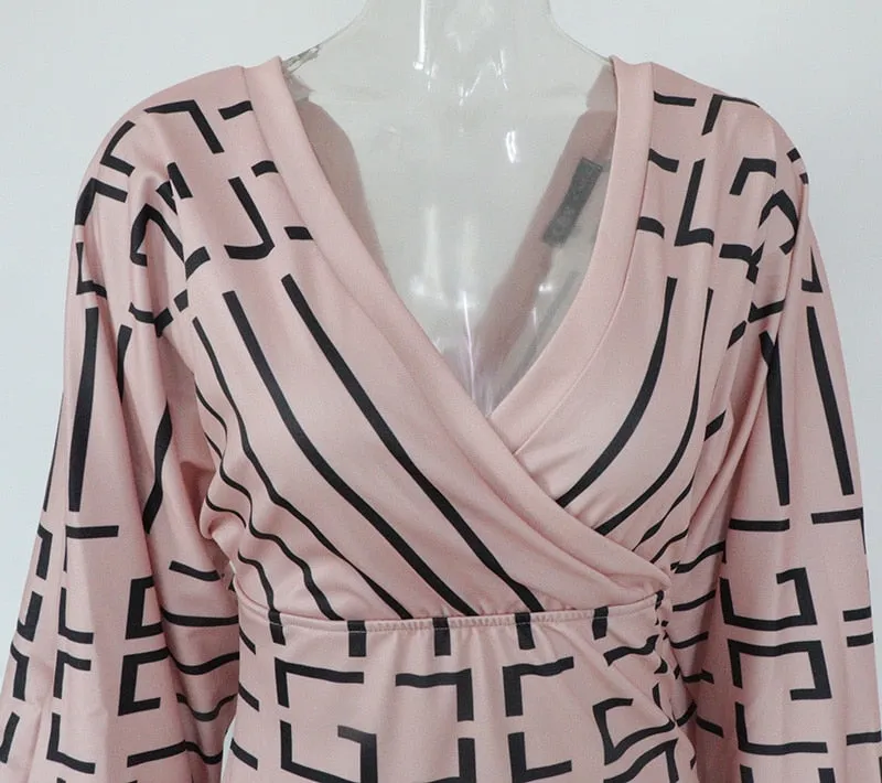 Ribbed Elegant Plaid Print Wrap Bodycon Midi Dress