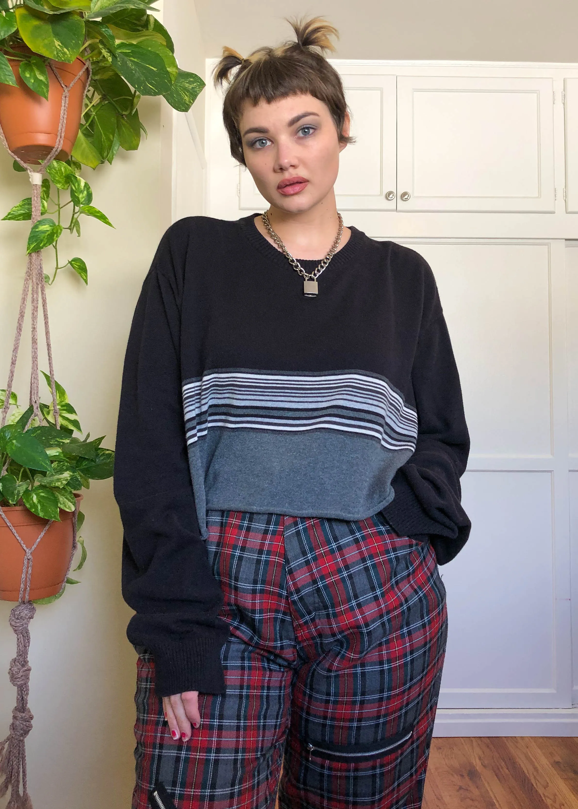 Vintage Grayscale Striped Raw Crop Sweater - 5X/6X