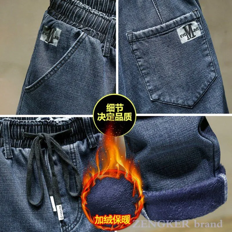 Winter Plus Sizes Warm Fleece Lining Jeans Elastic Waist Thick Pants