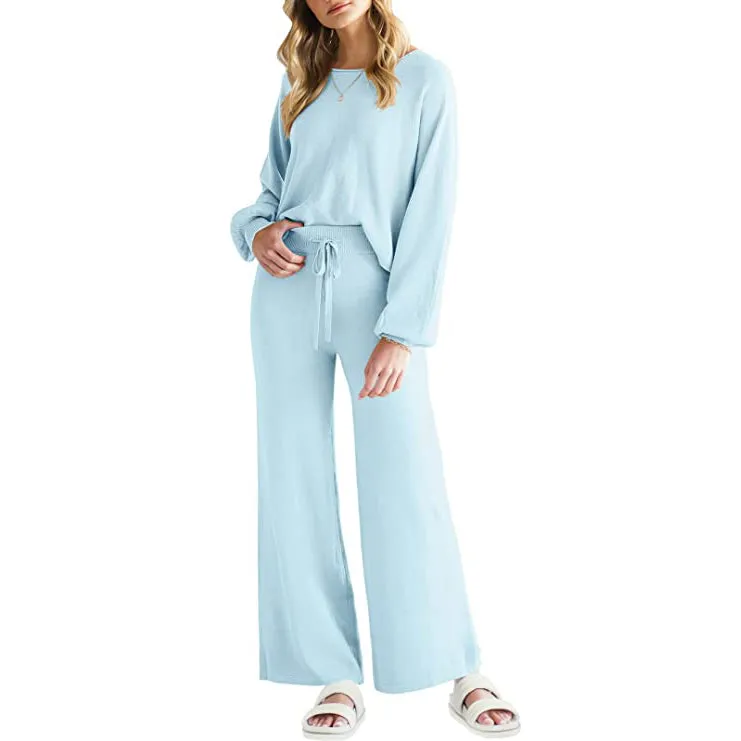 Women's Long Lantern Sleeve Crop Top with Wide Leg Pants Lounge Set